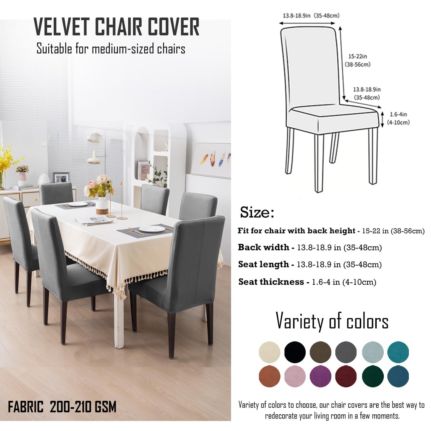 Elastic Stretchable Premium Velvet Dining Chair Cover, Dark Grey