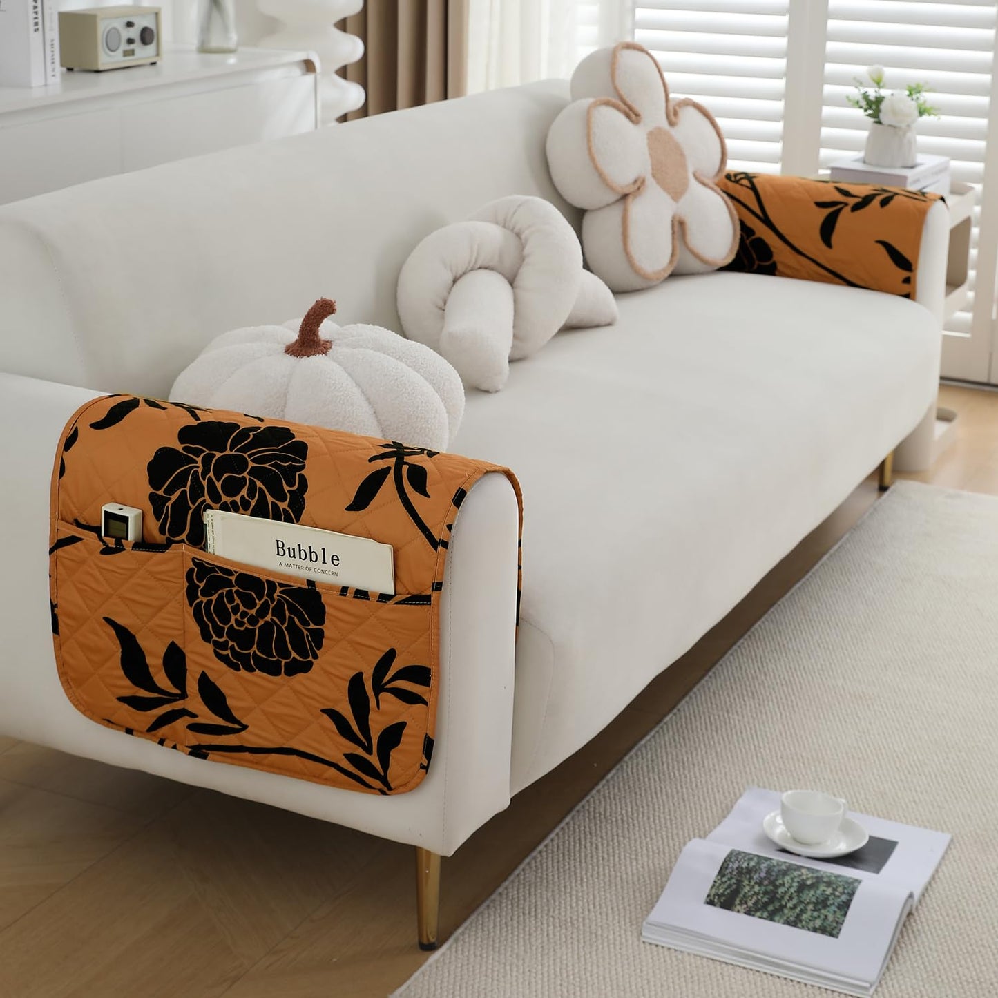 Water Repellent & Waterproof Sofa Armrest Covers with Pockets (Set of 2) - Copper Brown Floral