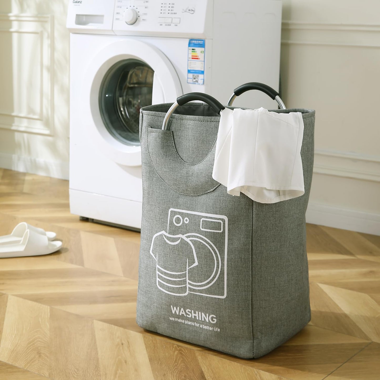 Folding Laundry Bag for Clothes Hamper Basket Collapsible Storage Basket, 30 x 27 x 55 cm Grey