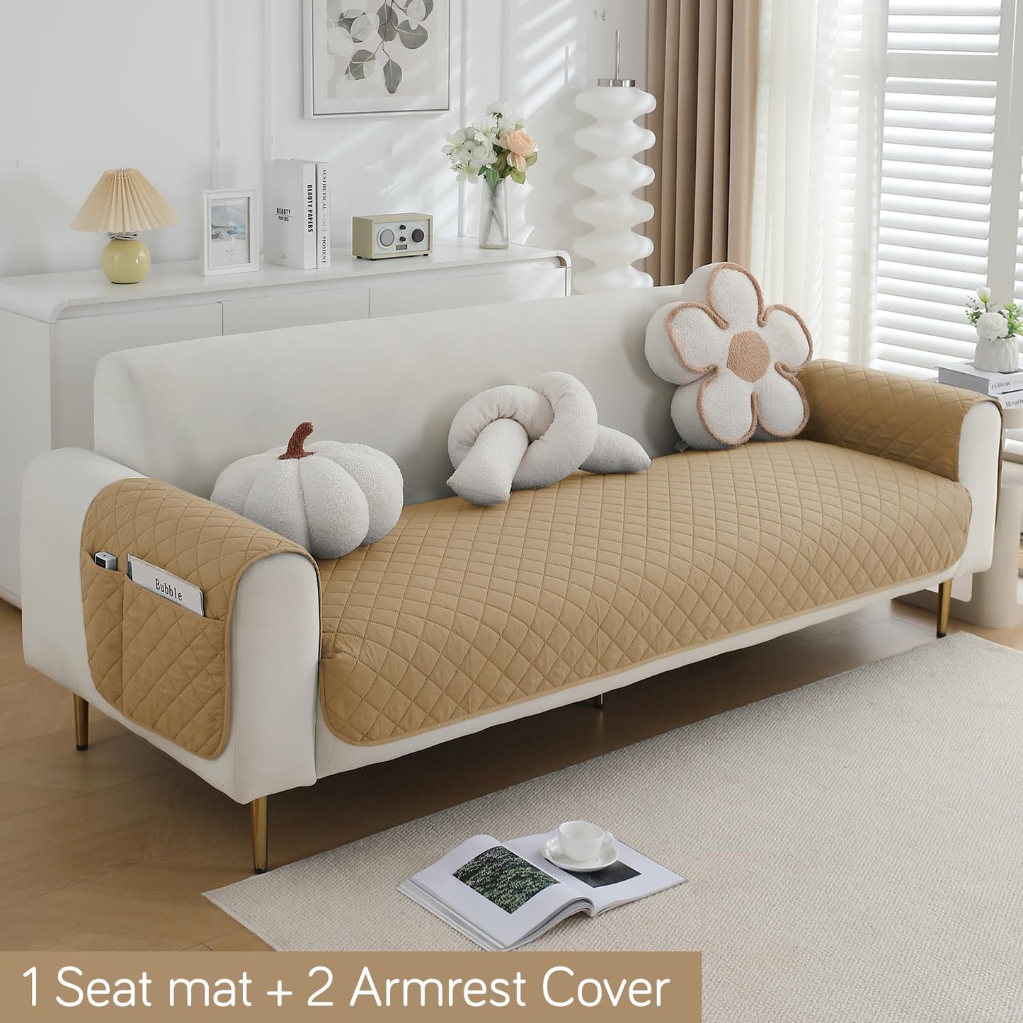 HOKIPO Quilted Waterproof Sofa Seat Mat with 2 Armrest Covers with Pockets, Camel