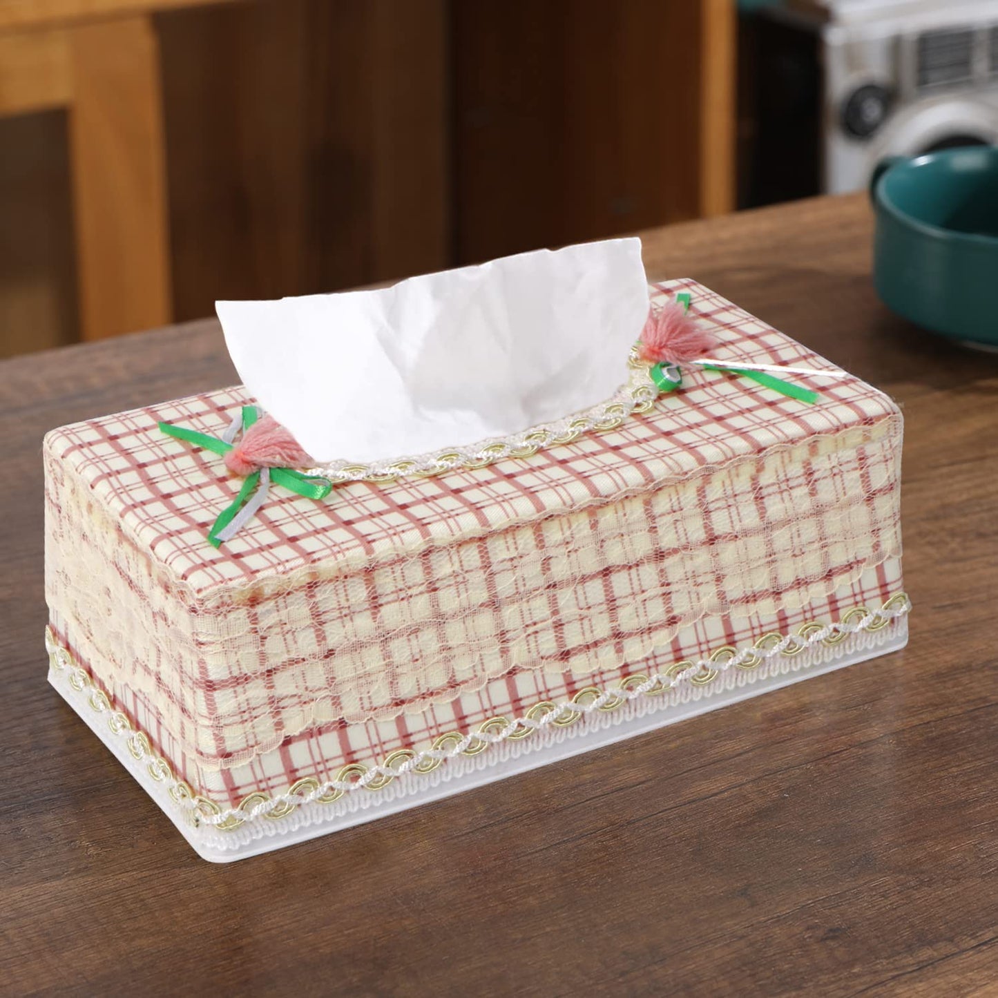Plastic Tissue Paper Holder, Checkered Beige