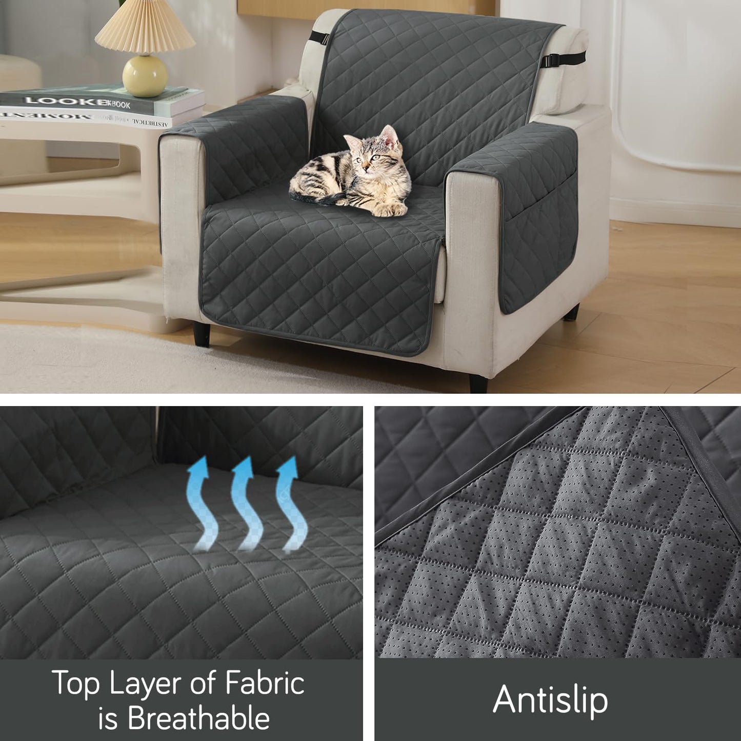 Quilted Waterproof Sofa Cover Mat with Pockets on Armrest Cover - Grey