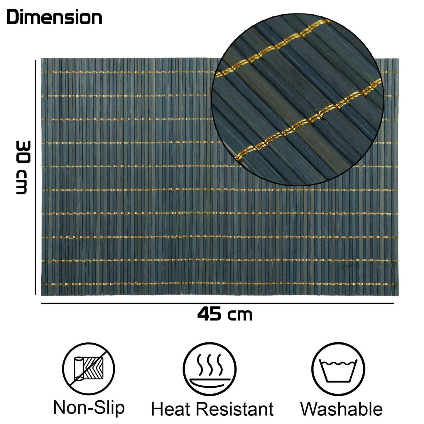 Reversible Bamboo Placemats For Dining Table Set Of 6 Table Mats, 45X30 Cm, Prussian Blue