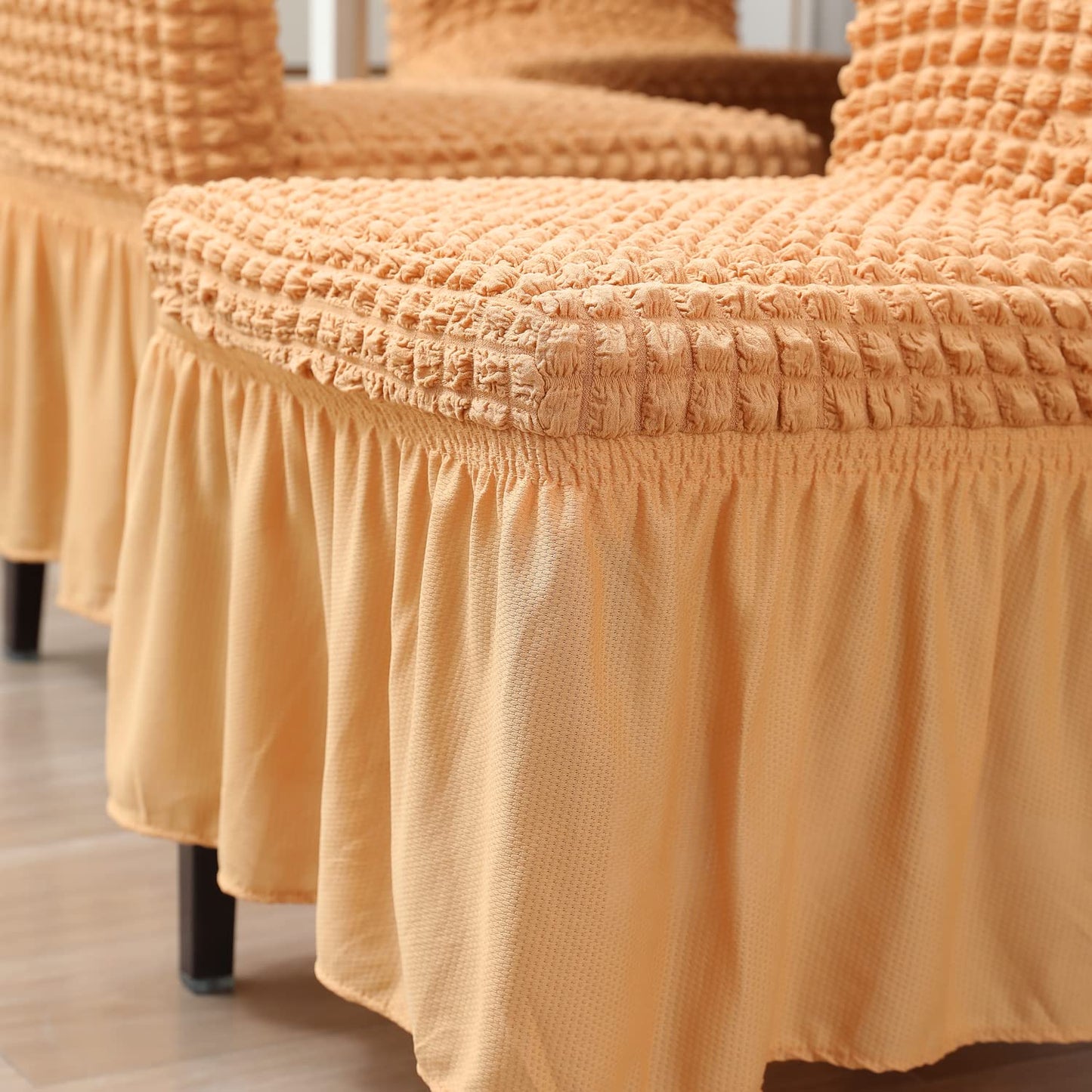 Elastic Stretchable 280 GSM Bubble Dining Chair Cover with Frill, Light Brown