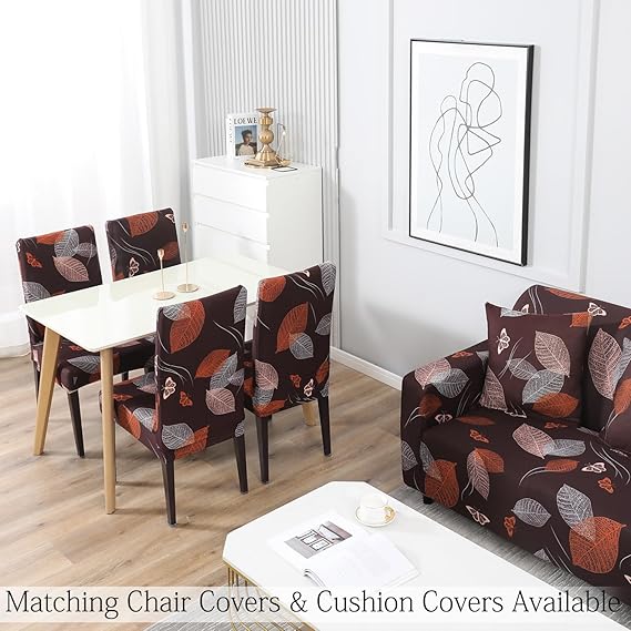 Buy Dark Brown Leaf Polyester Matching elastic covers for chairs and sofas