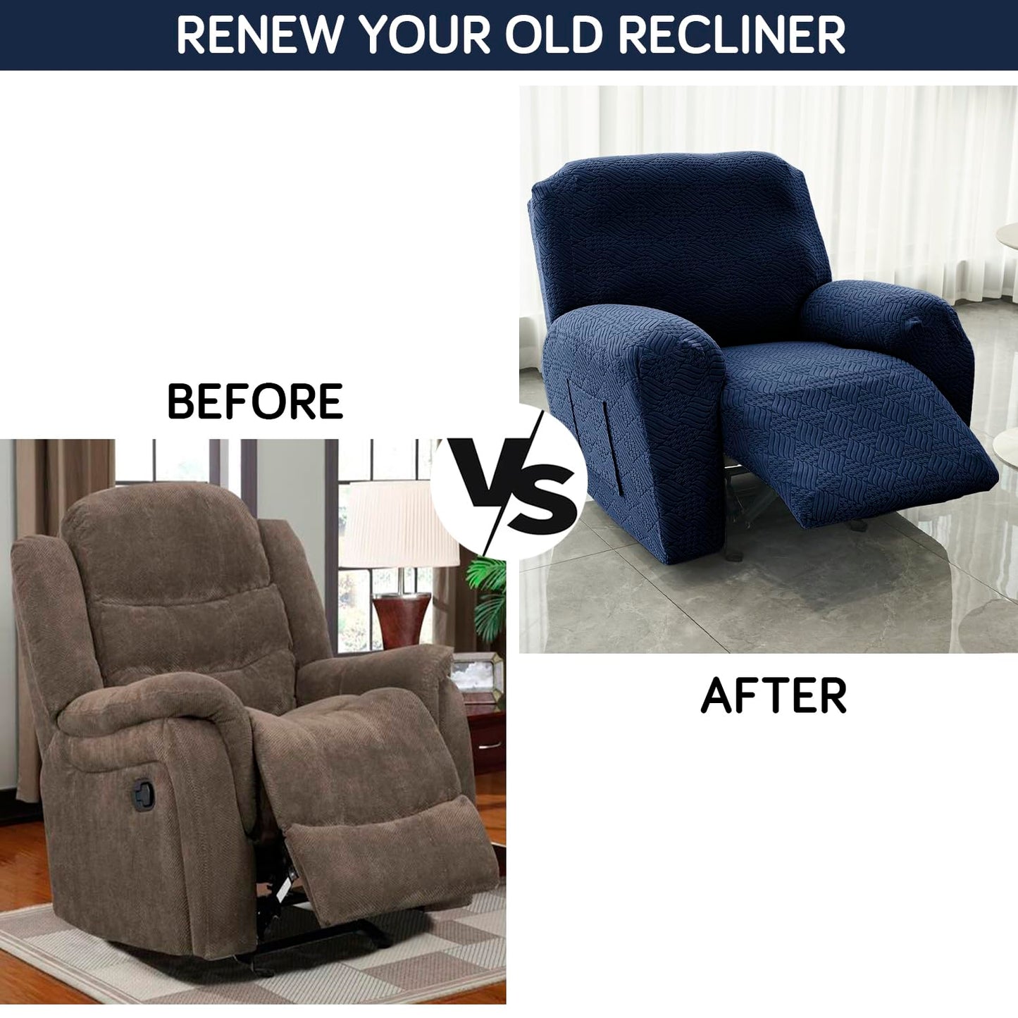 Premium 170 GSM Jacquard Fully Covered Recliner Sofa Cover for 1/2/3 Seaters, Navy Blue