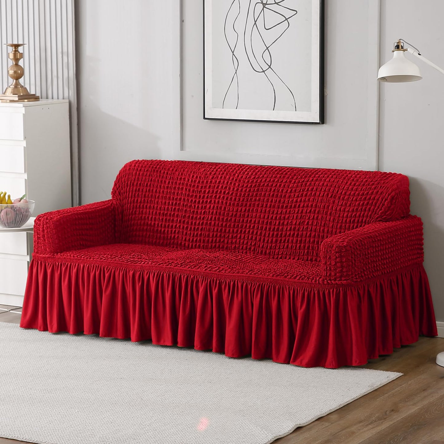 Scarlet Red Stretchable Turkish Bubble three seater frill sofa cover