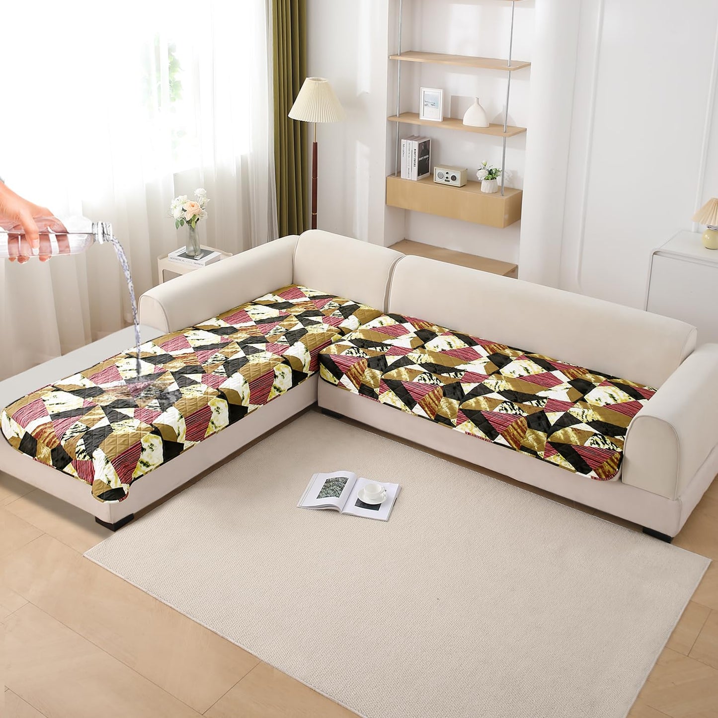 HOKIPO Waterproof Printed Quilted Quick Dry L Shape Sofa Seat Cover Mat, Wine Abstract Geometry
