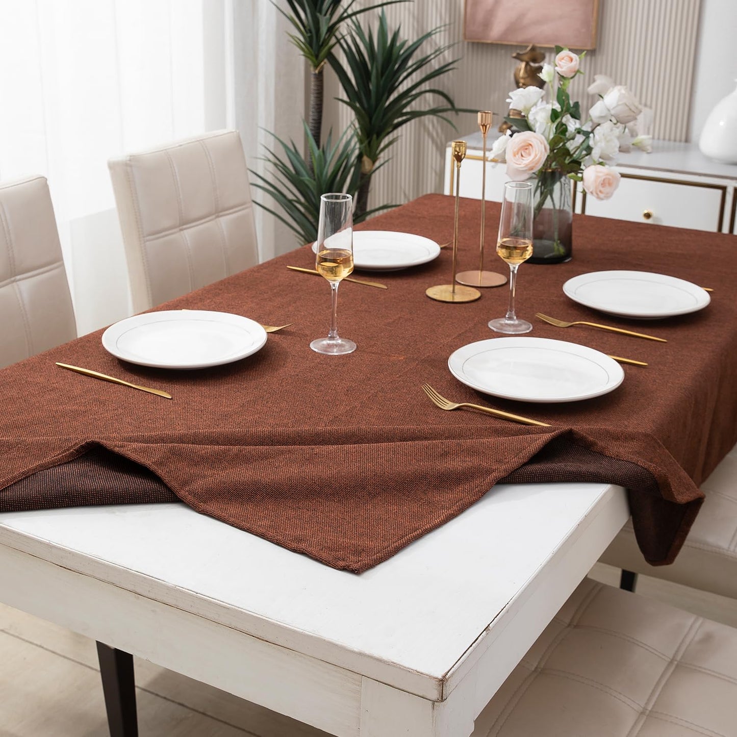 Poly Jute Dining Table Cover, Copper Brown