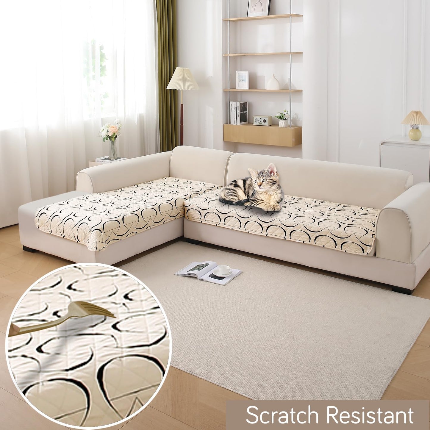 HOKIPO Waterproof Printed Quilted Quick Dry L Shape Sofa Seat Cover Mat, Natural Beige Abstract Art