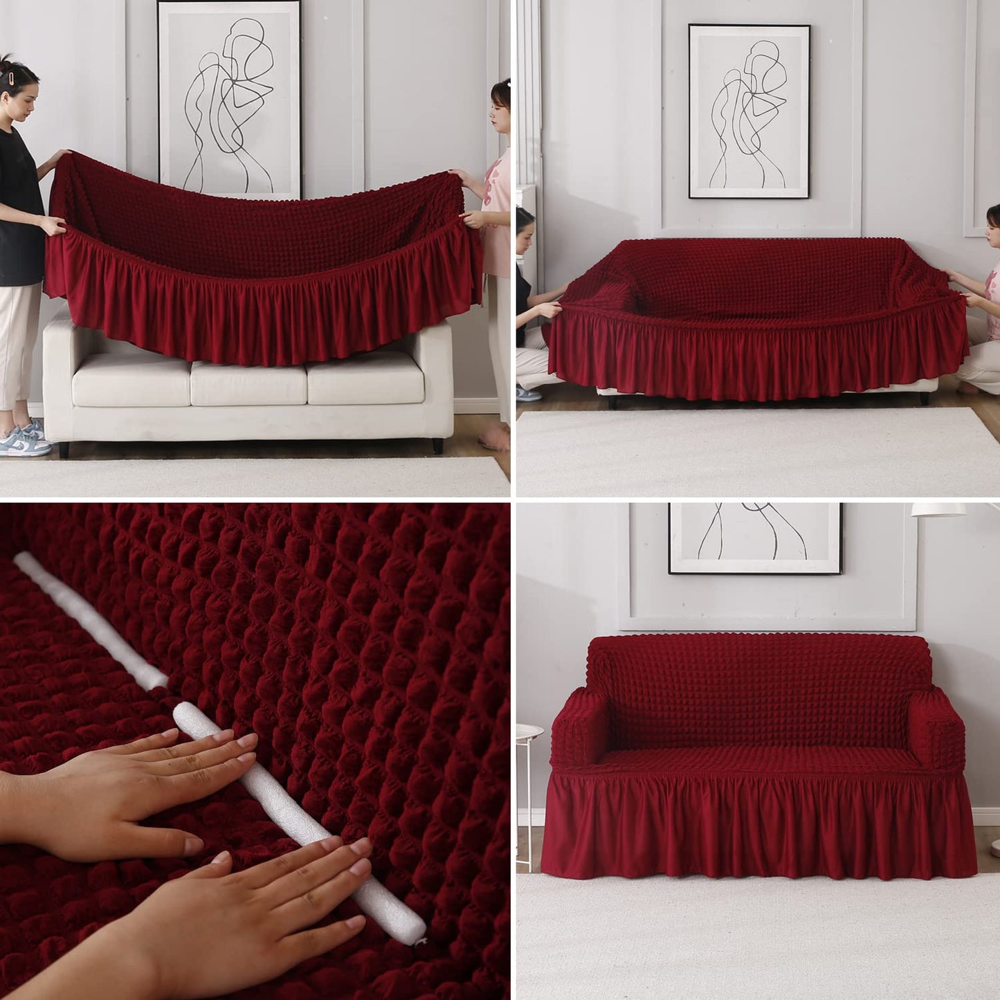 How to put Cherry Red stretchable Turkish Bubble frill sofa cover guide.