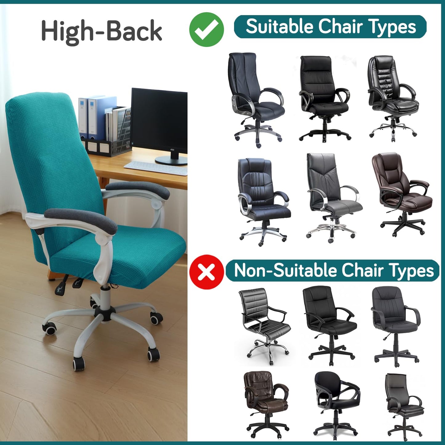 Water Repellent Office Chair Cover for Executive Chair (High-Back) – 210 GSM Stretchable Jacquard – Washable & Anti-Slip – Fits Big & Tall Office Chairs, Teal