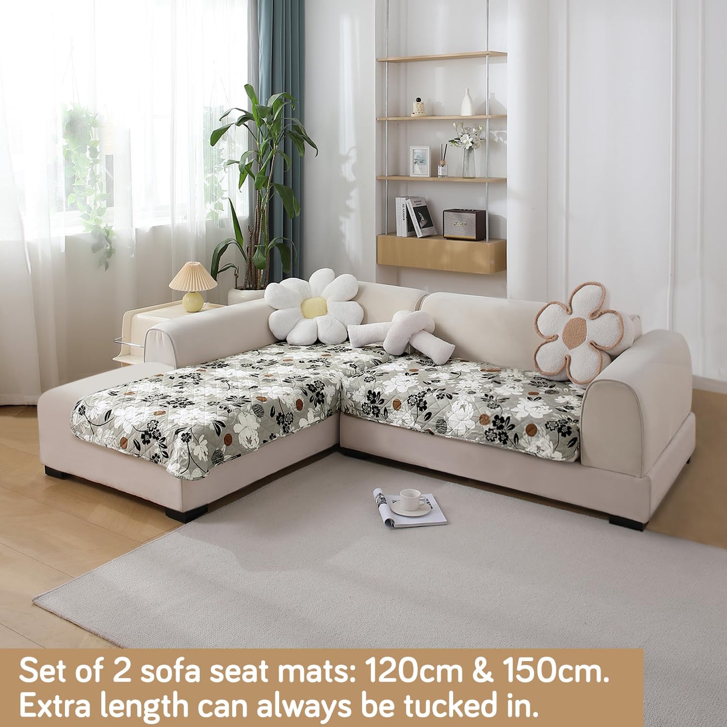 Waterproof Printed Quilted Quick Dry L Shape Sofa Seat Cover Mat, Feather Brown Floral