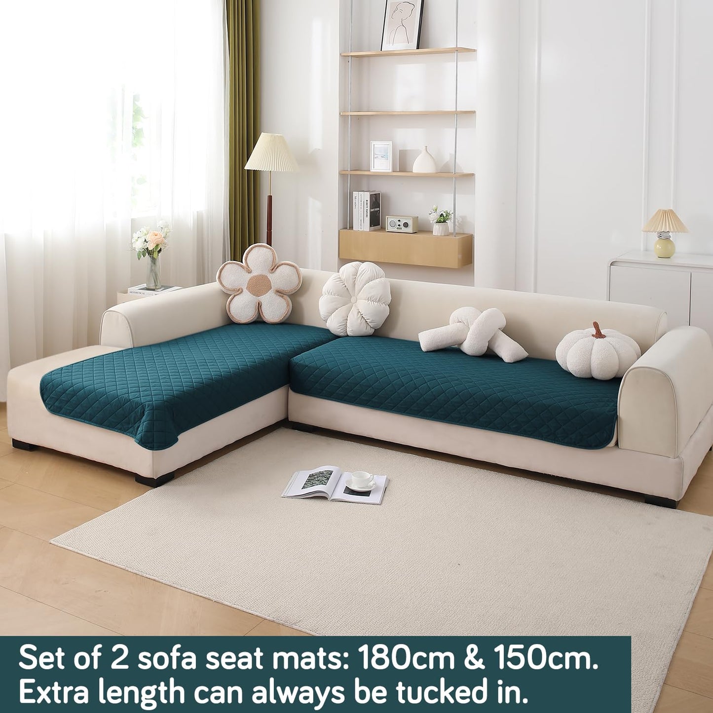 HOKIPO Waterproof Quilted Quick Dry L Shape Sofa Seat Cover Mat, Peacock Blue