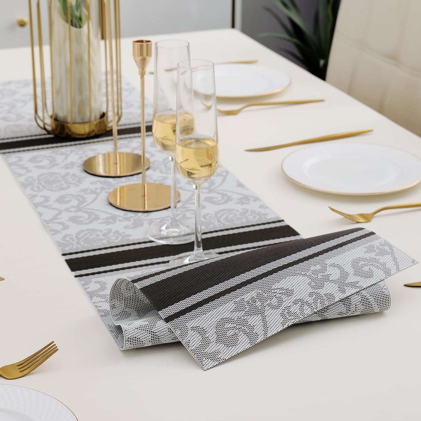 PVC Table Runner Dinner and Coffee Table, 30x135 cm, Damask Grey