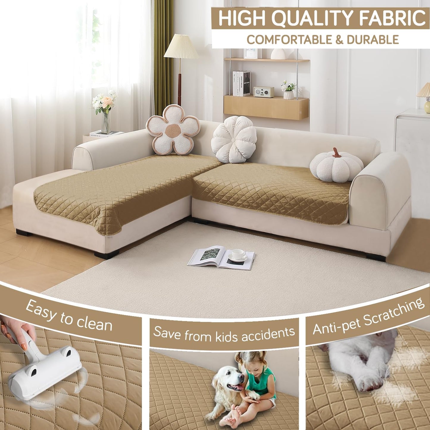 HOKIPO Waterproof Quilted Quick Dry L Shape Sofa Seat Cover Mat, Camel