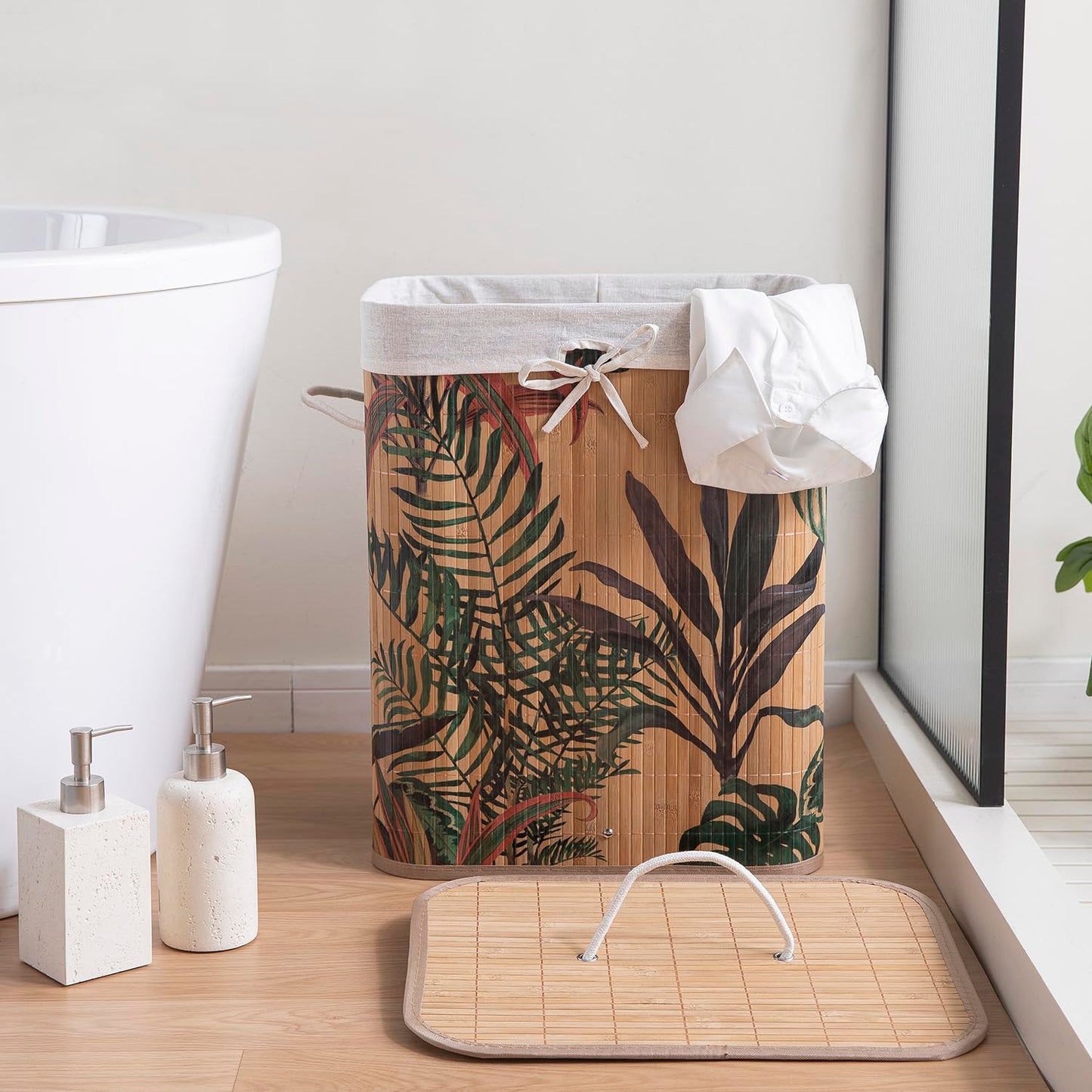 Eco-Friendly Foldable Bamboo Laundry Basket Hamper with Lid, Large - 60 Liter, Ficus Leaves