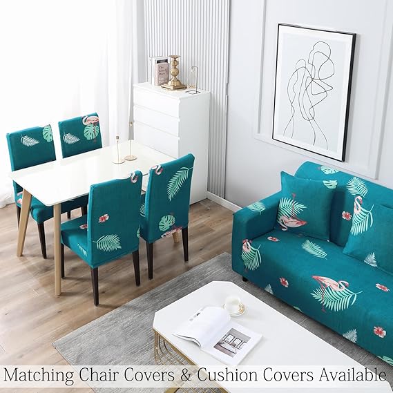 teal colour matching elastic chair cover and sofa cover set