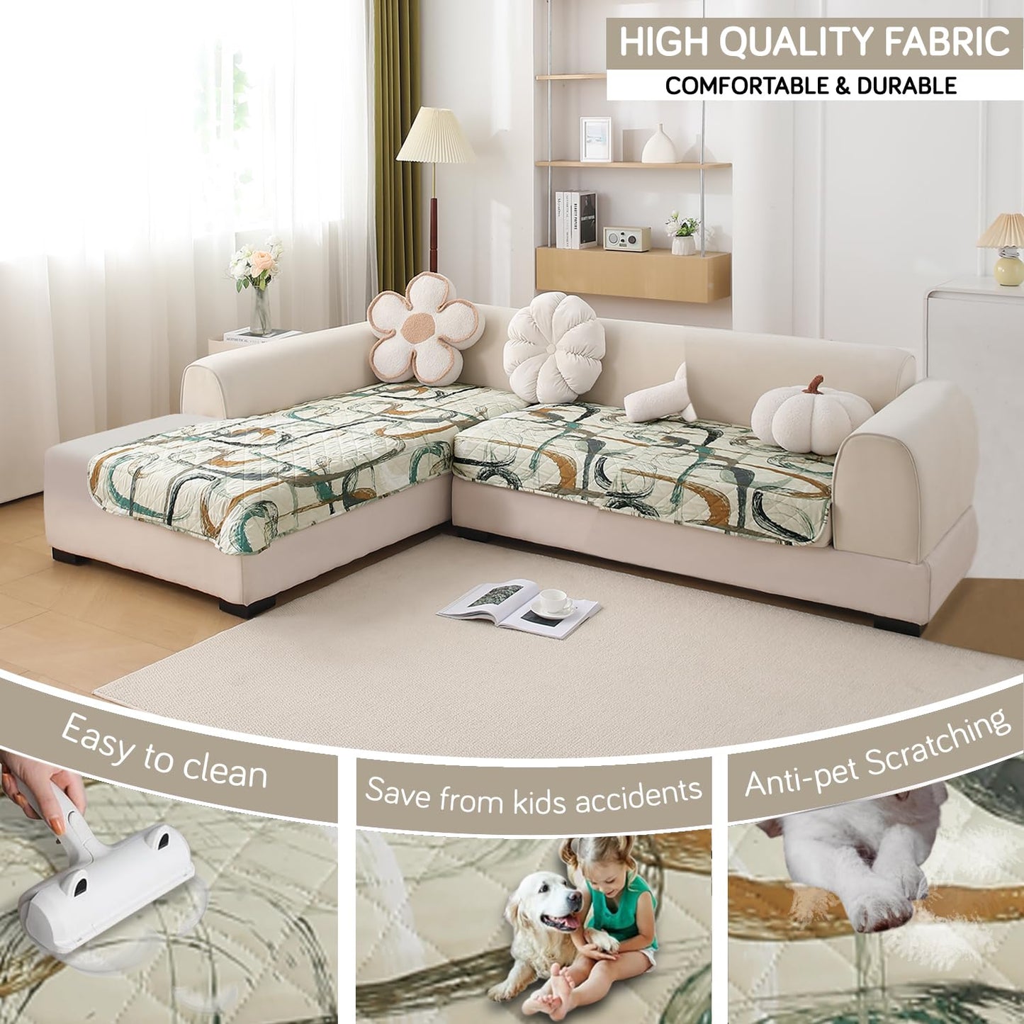 Waterproof Printed Quilted Quick Dry L Shape Sofa Seat Cover Mat, Parchement Beige Abstract Art