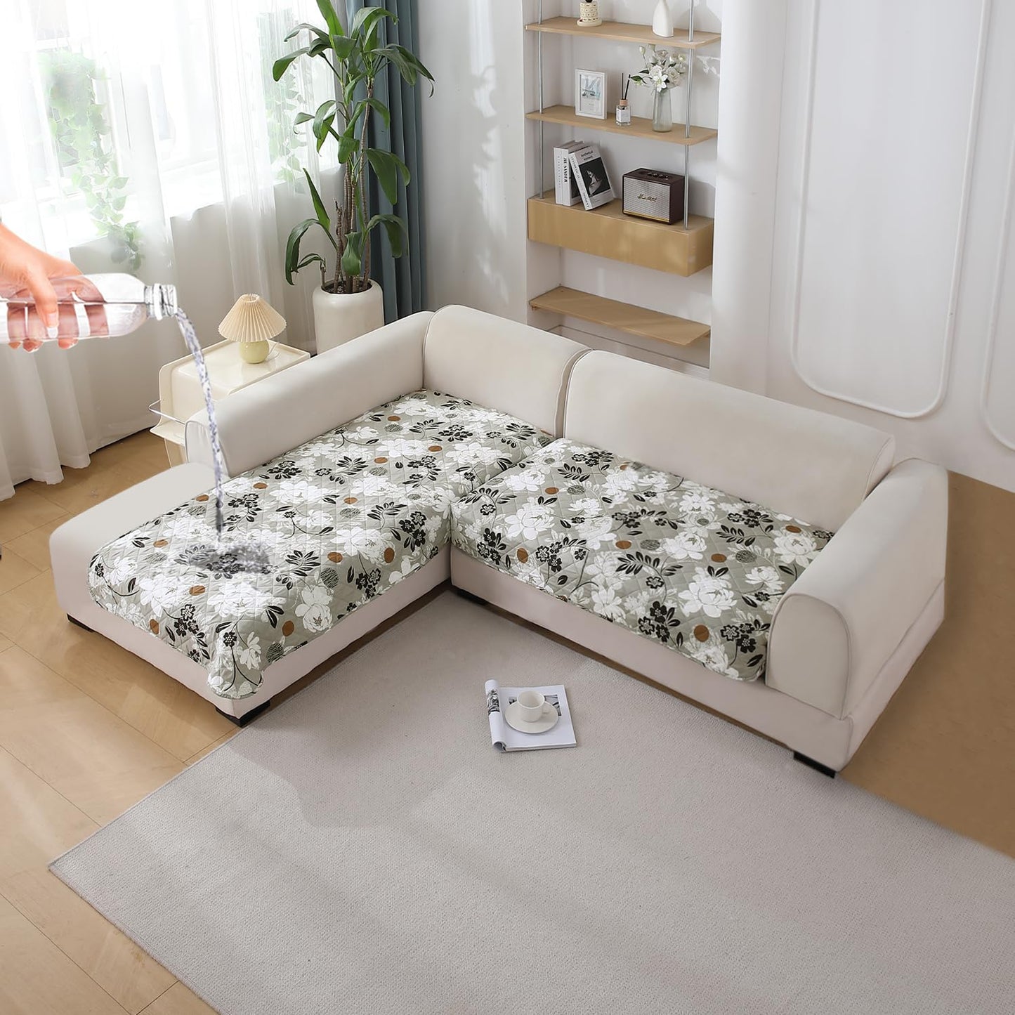 Waterproof Printed Quilted Quick Dry L Shape Sofa Seat Cover Mat, Feather Brown Floral