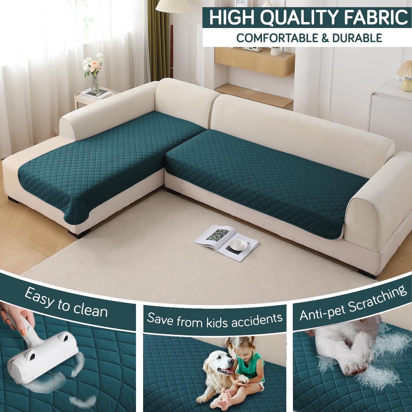 HOKIPO Waterproof Quilted Quick Dry L Shape Sofa Seat Cover Mat, Peacock Blue