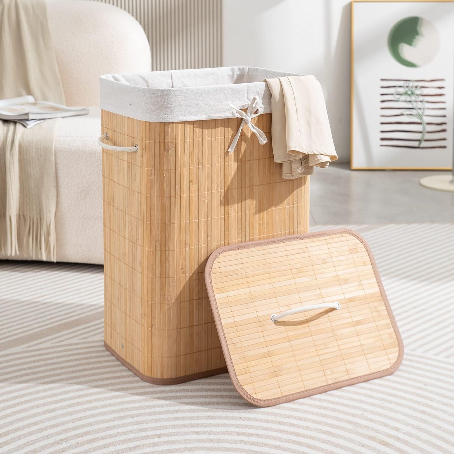 Eco-Friendly Foldable Bamboo Laundry Basket Hamper with Lid, Large - 81 Liter, Light Brown