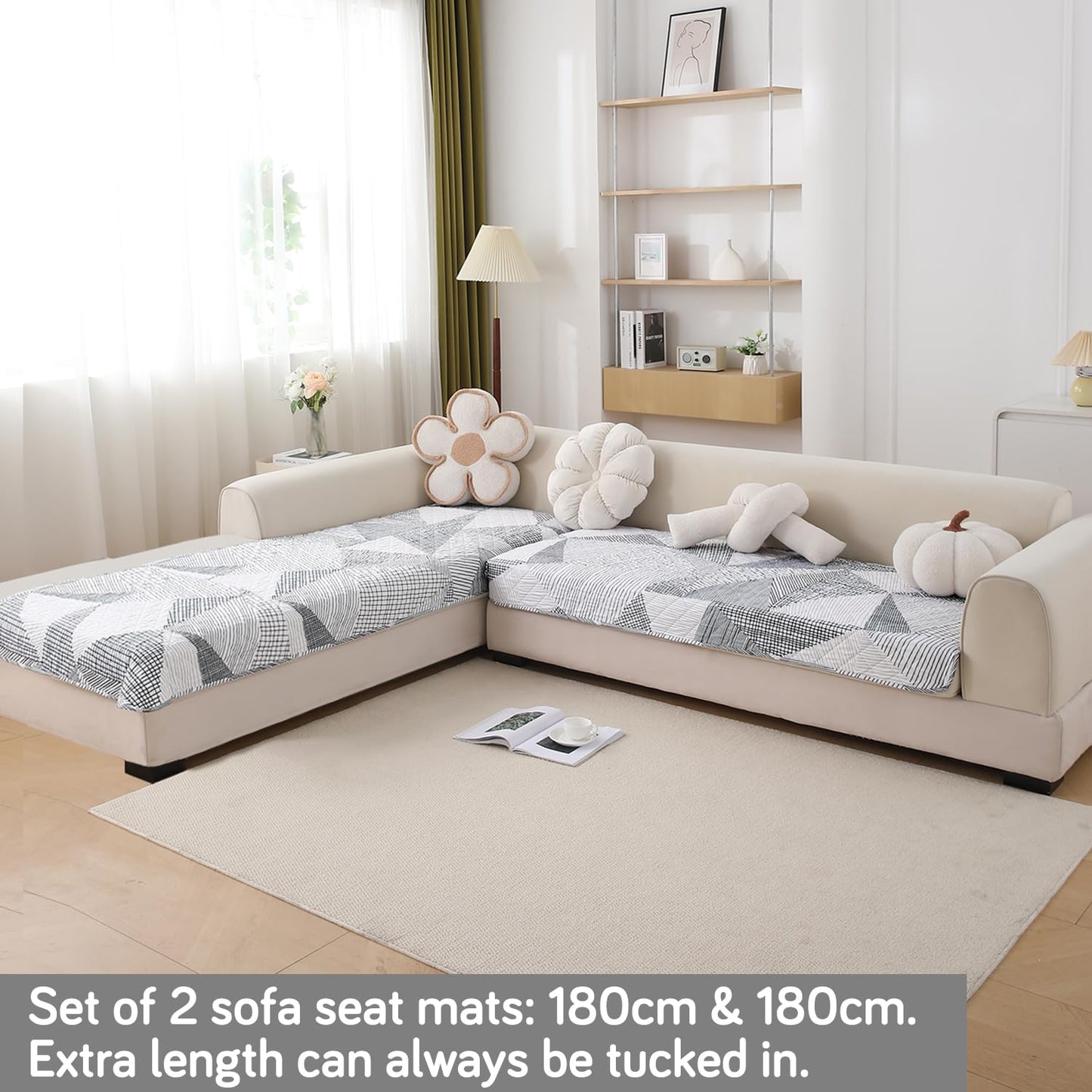 Waterproof Printed Quilted Quick Dry L Shape Sofa Seat Cover Mat, Snow White Black Geometry