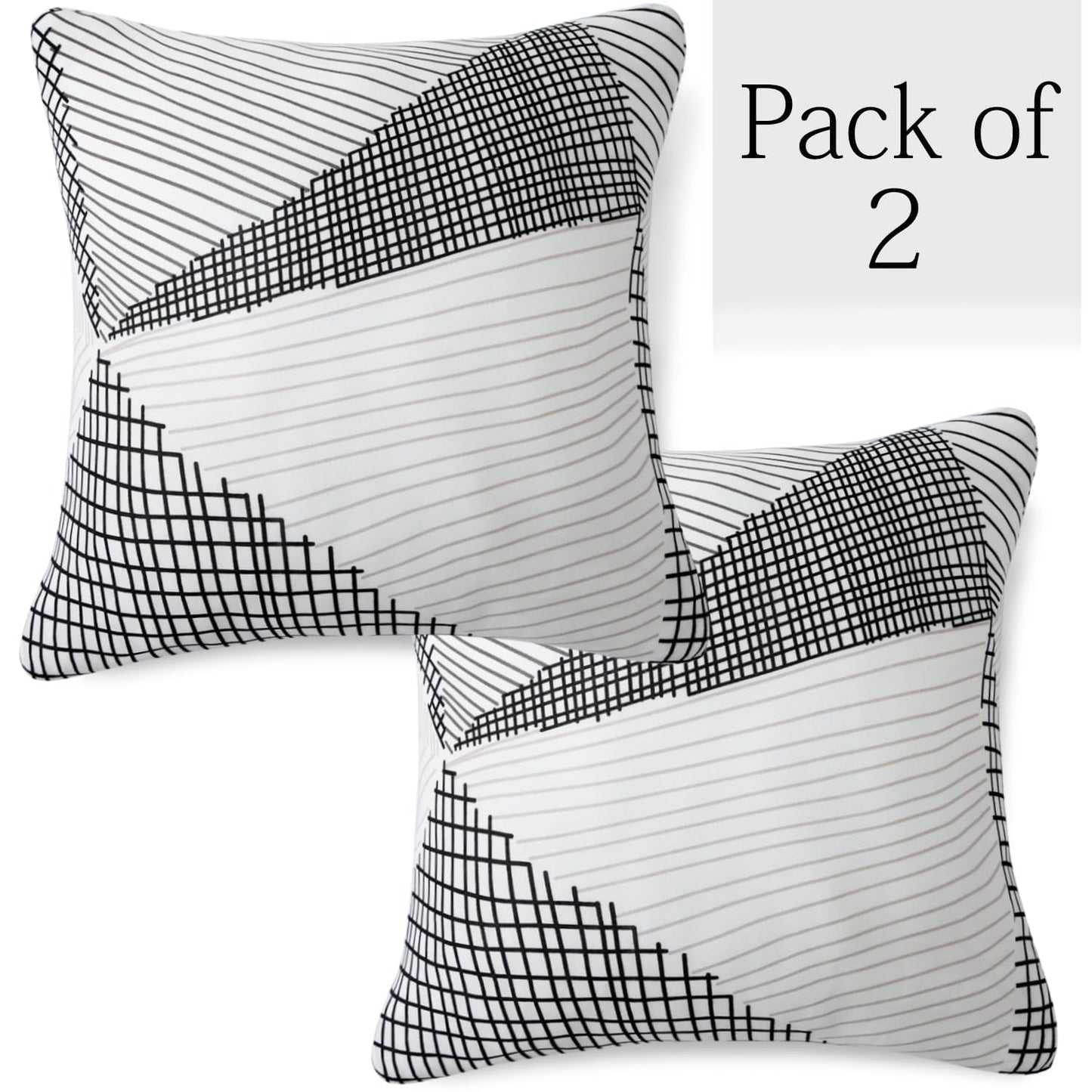 HOKIPO Stretchable Pack of 2 Cushion Cover 16x16 inch, Snow White Black Geometry