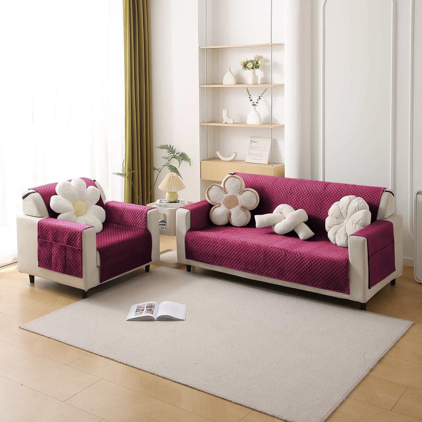 Quilted Velvet Sofa Cover Mat with Side Pockets, Pet Friendly, Wine