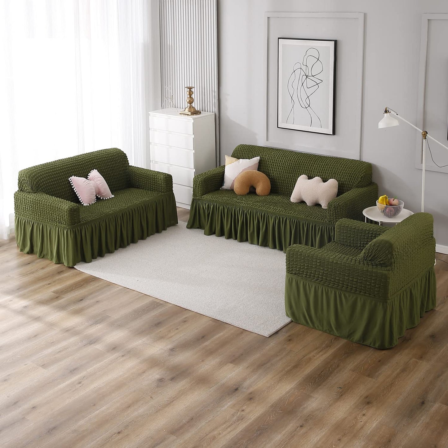 Forest Green Elastic stretchable Turkish bubble frill sofa cover set for 1, 2, 3, 4, 5, 6, & 7 Seater sofa