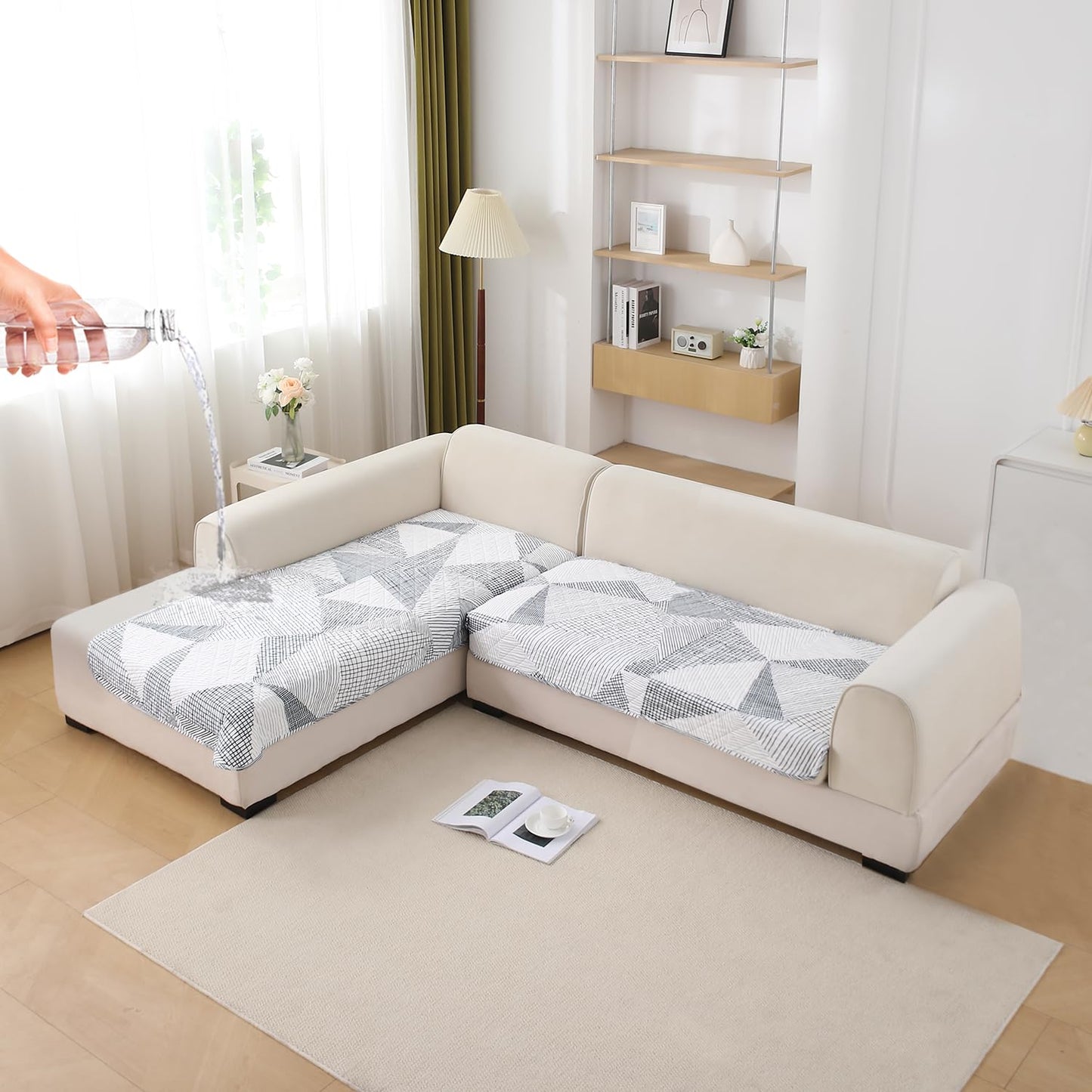 Waterproof Printed Quilted Quick Dry L Shape Sofa Seat Cover Mat, Snow White Black Geometry