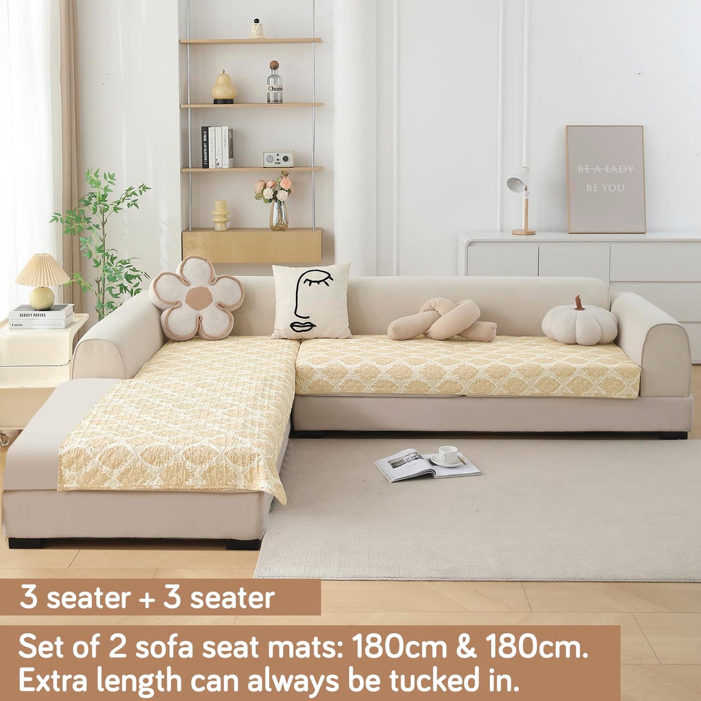 Quilted Printed L Shape Sofa Cover Mat for 2+2/3+2/3+3 Seater, Ogee Ivory
