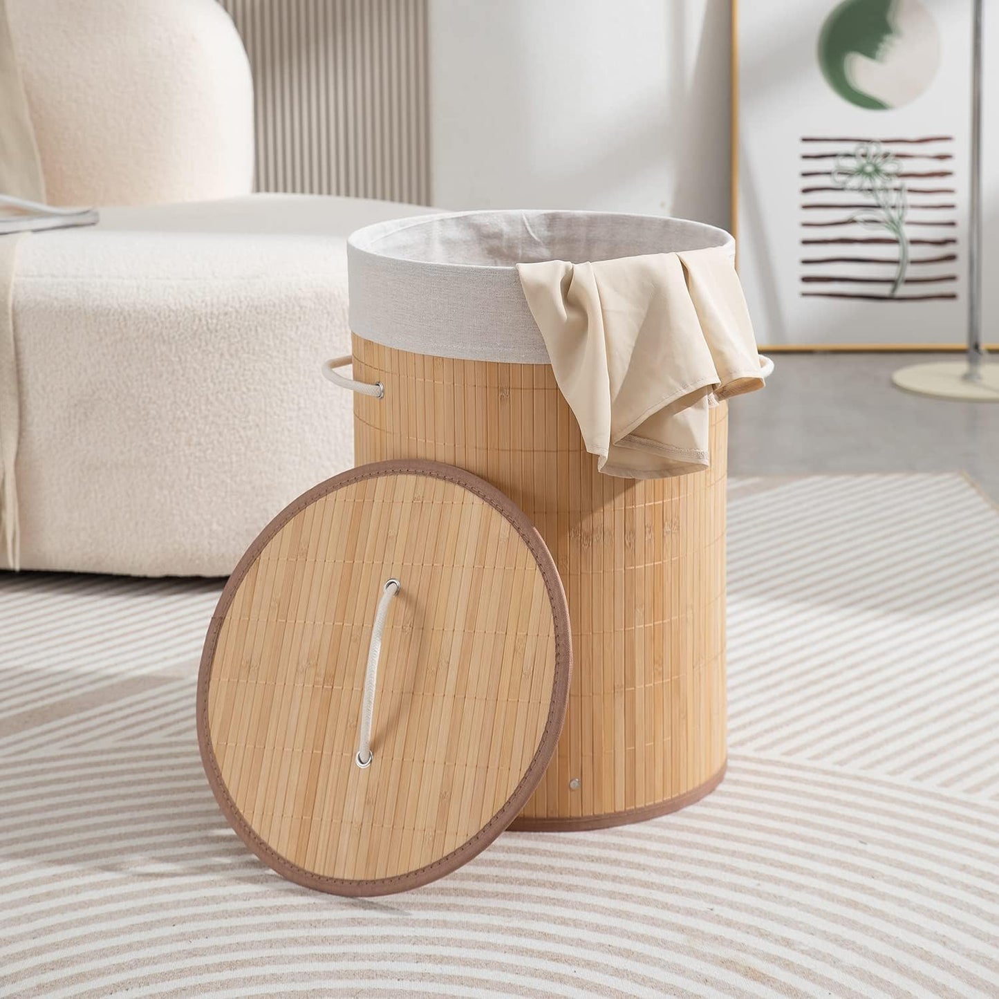 Eco-Friendly Foldable Bamboo Laundry Basket Hamper with Lid, Large - 57 Liter, Light Brown