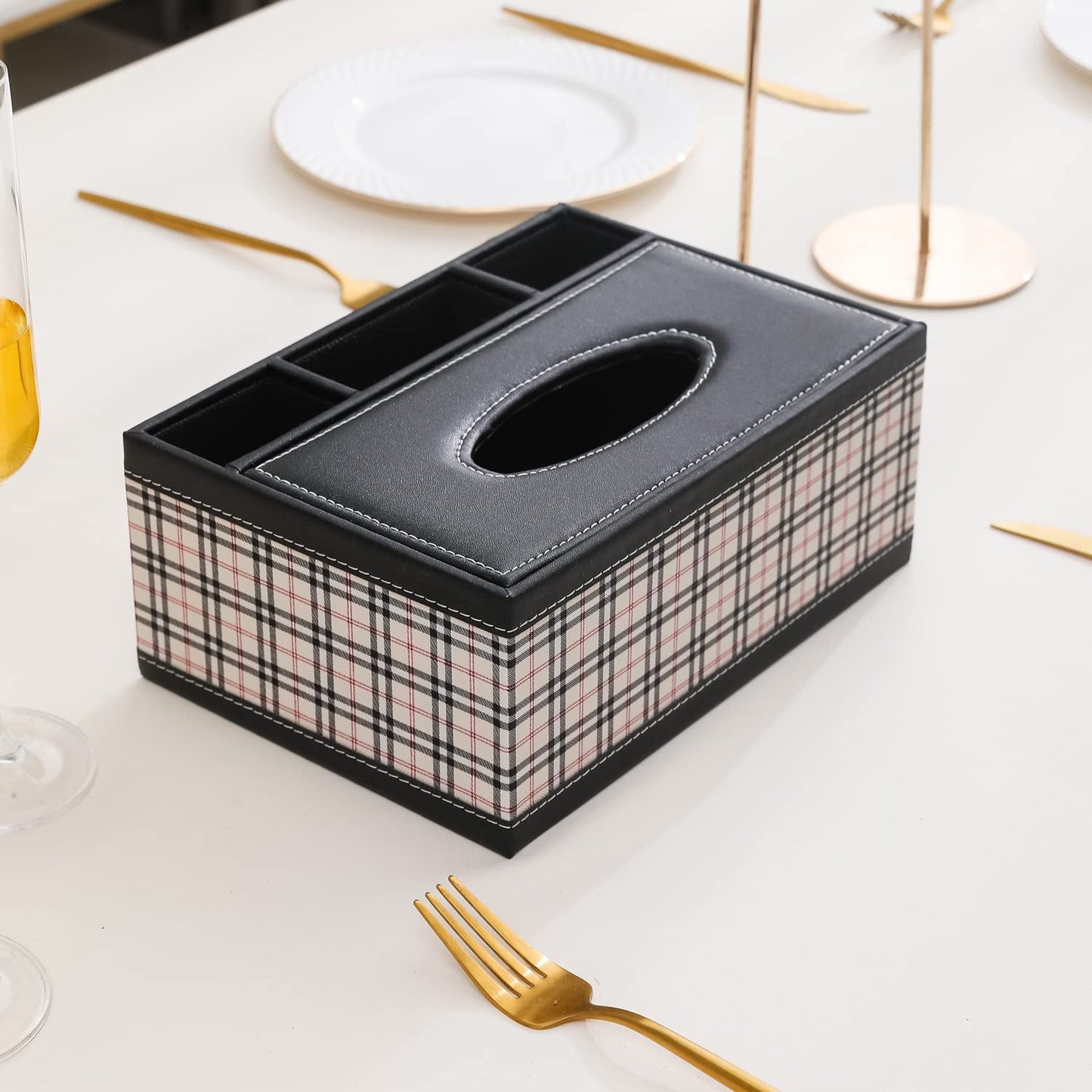 Faux Leather Tissue Storage Box with Compartment Remote Control Holder Desk Organizer
