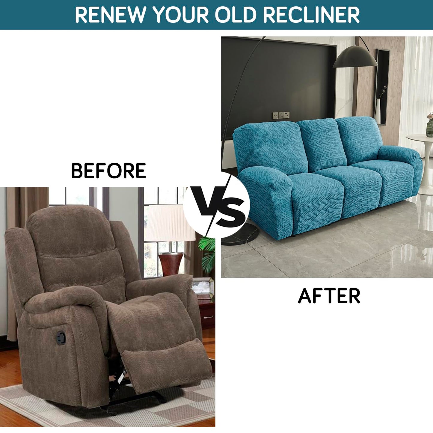 Premium 170 GSM Jacquard Fully Covered Recliner Sofa Cover for 1/2/3 Seaters, Turquoise