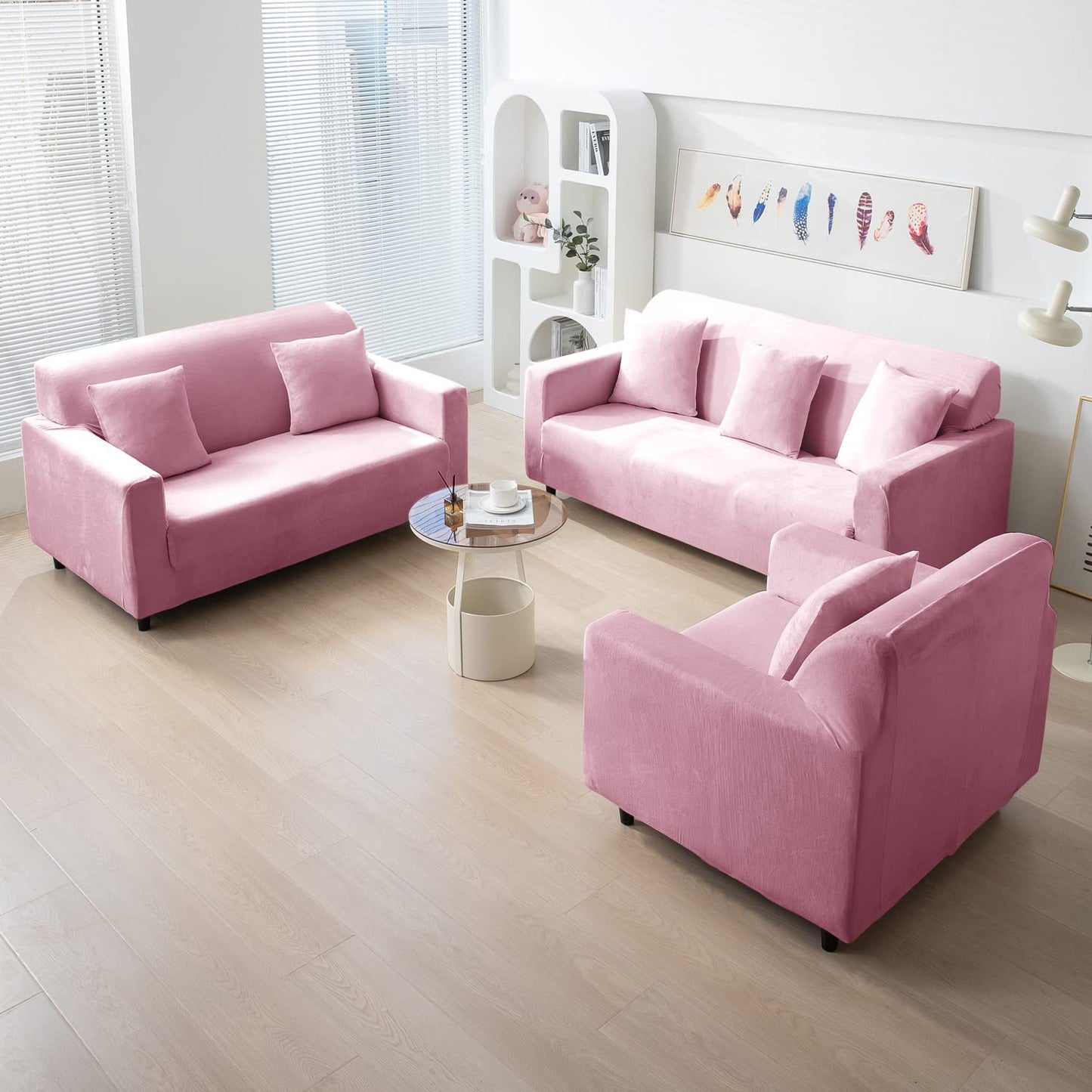 Pink elastic stretchable velvet sofa cover set available for 1, 2, 3, 4, 5, 6 & 7 seater sofas