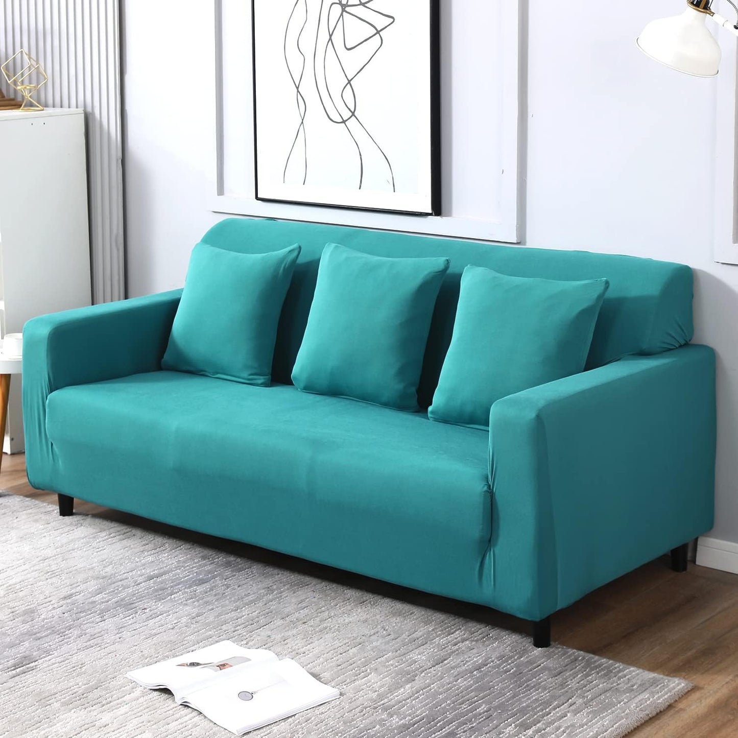 Dark Cyan colour plain stretchable full fitted three seater sofa cover