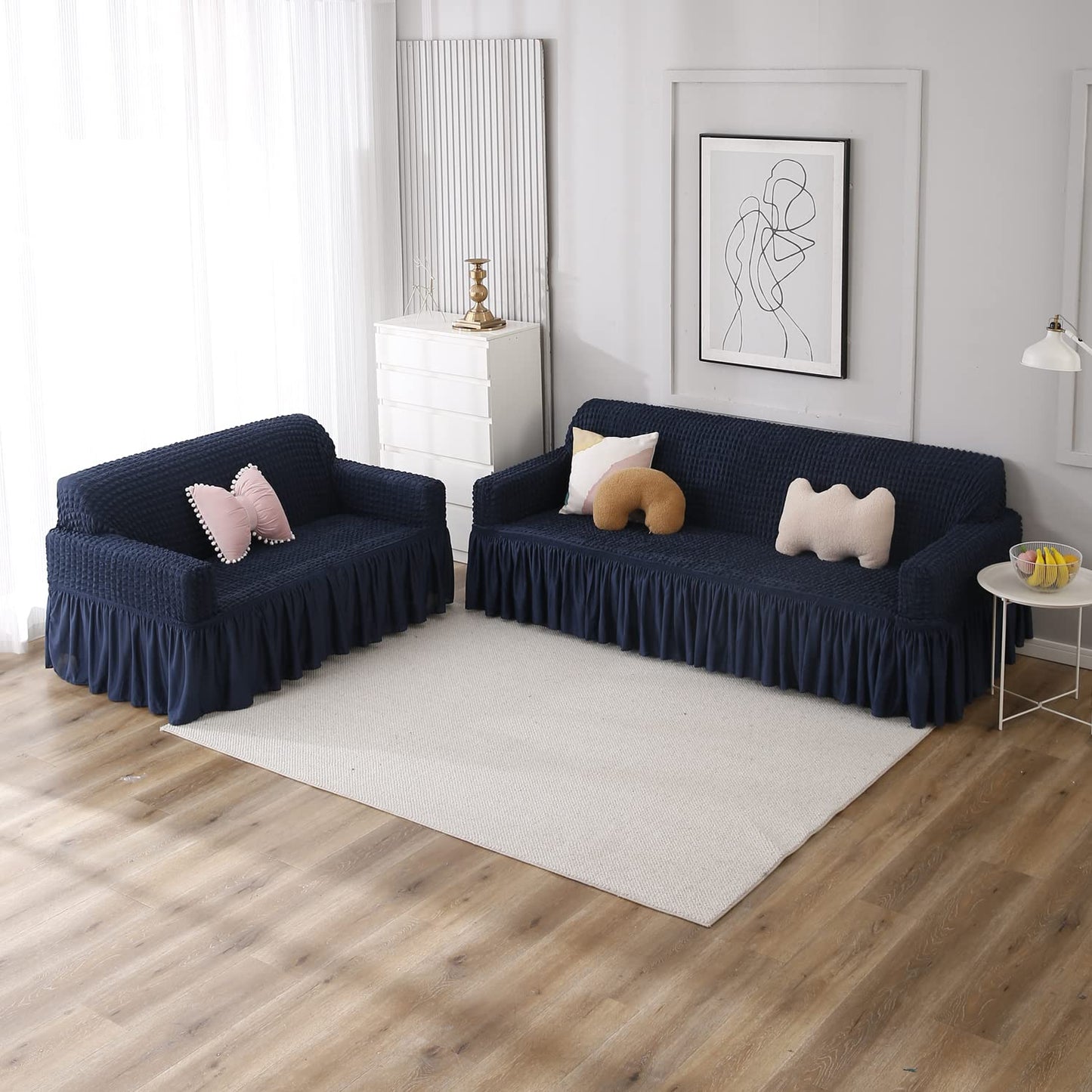 Navy Blue Elastic stretchable Turkish Bubble frill sofa cover for 3 2 seater sofa