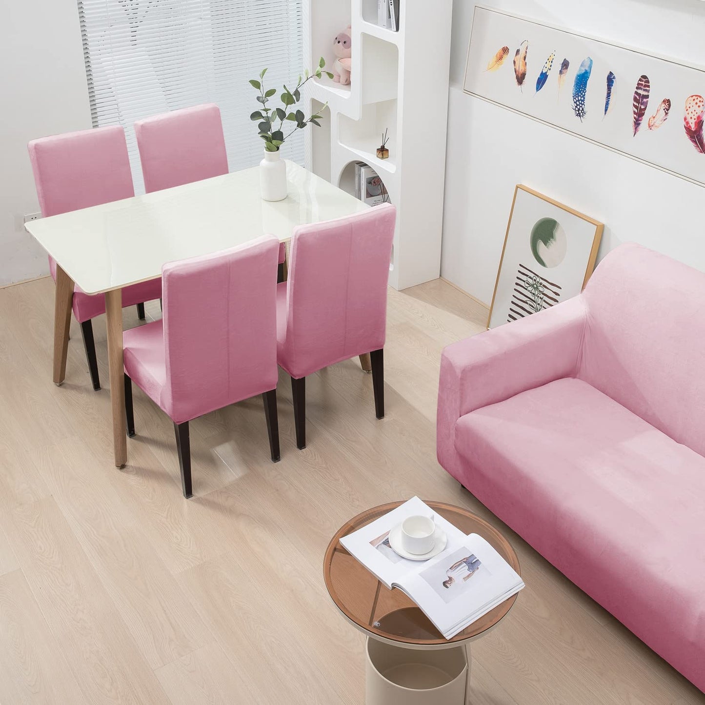 Pink matching elastic velvet chair and sofa covers