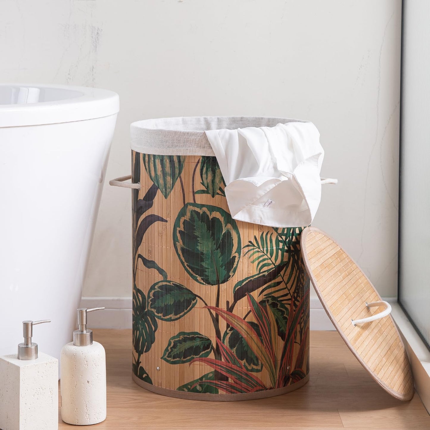 Eco-Friendly Foldable Bamboo Laundry Basket Hamper with Lid, Large, 61 Litre, Ficus Leaves