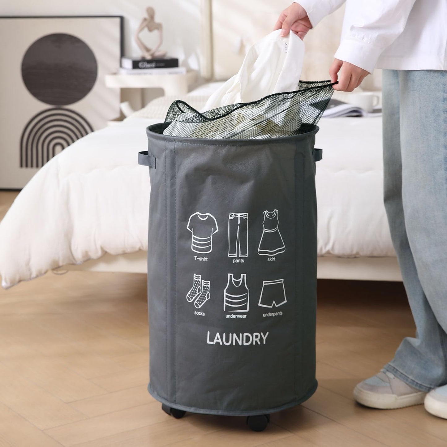 Laundry Basket Foldable Hamper With Wheels, Grey