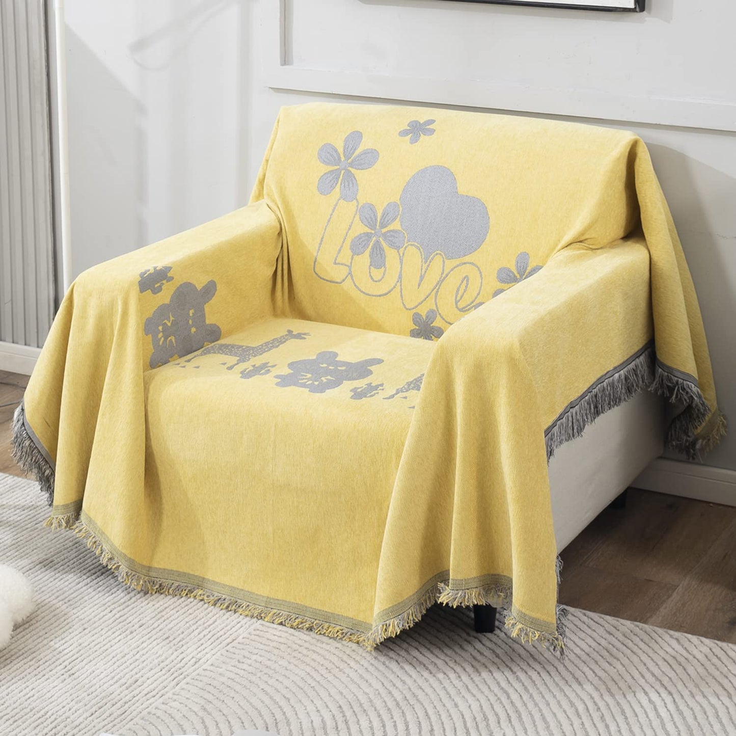 Yellow Nature Chenille Sofa Throw Blanket | 1/2/3 Seater Couch Throw