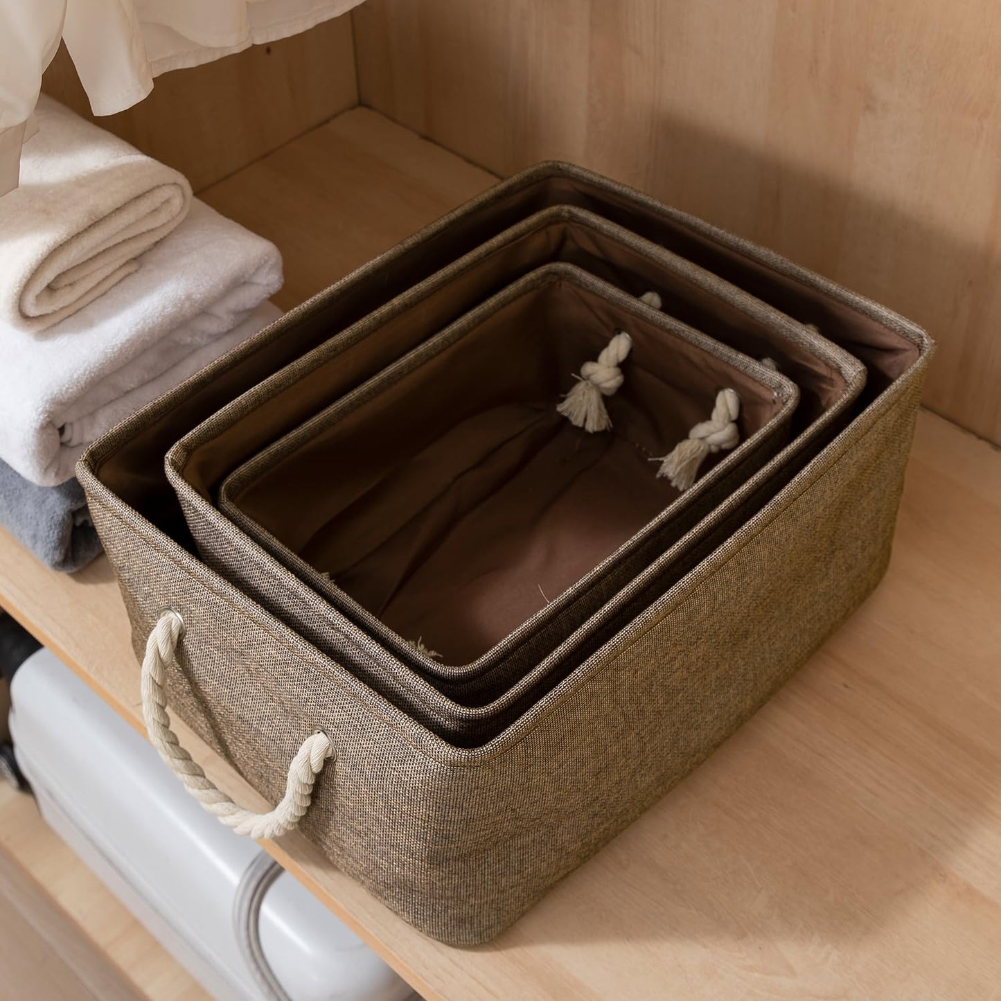 Jute Eco-Friendly Foldable Clothes Storage Basket Bin Organizer, Set Of 2, Large, Coffee Brown
