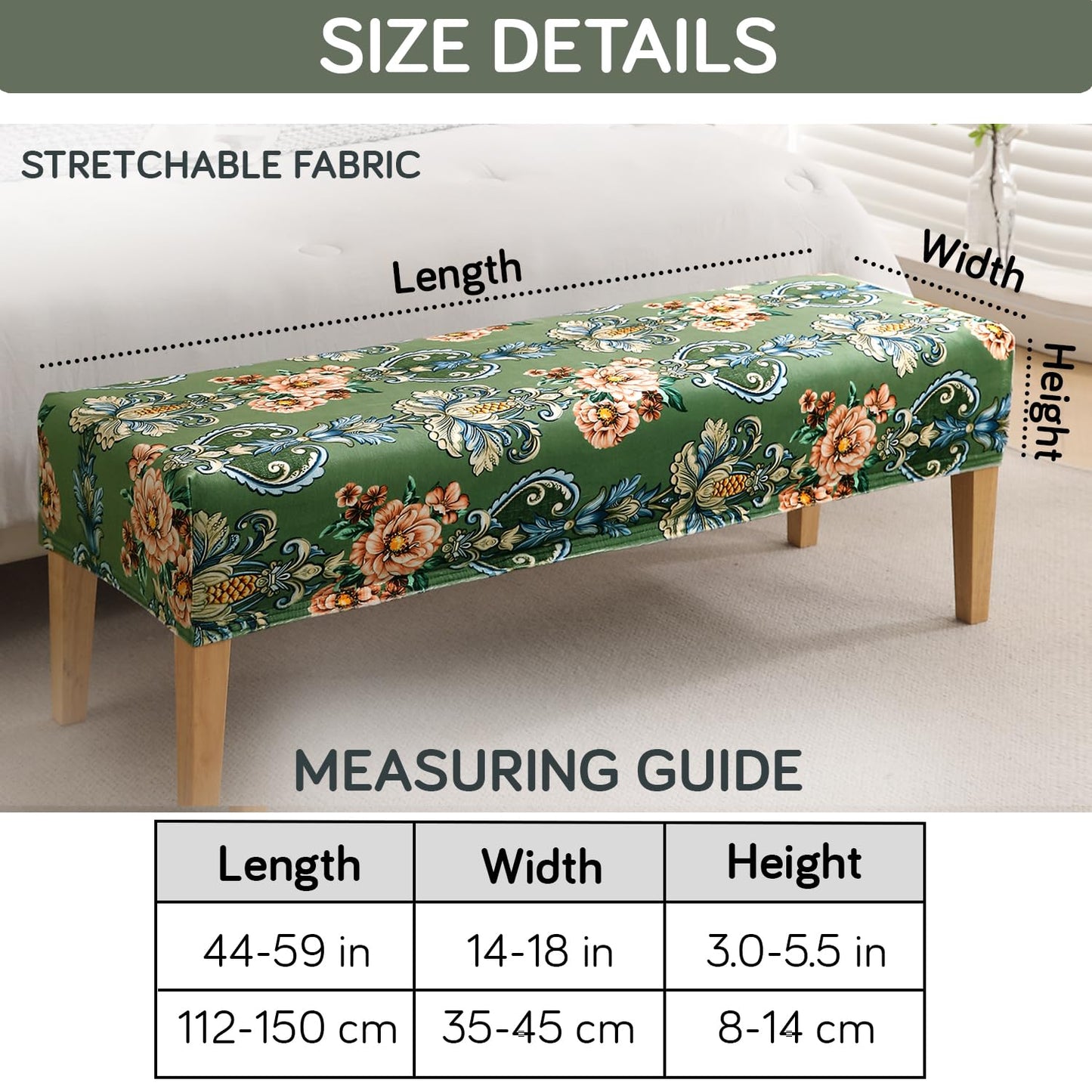 Premium Printed Velvet Elastic Dining Bench Cover, Green Victorian Garden