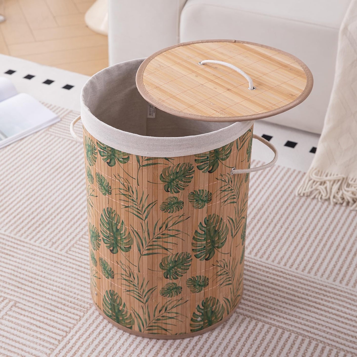 Eco-Friendly Foldable Bamboo Laundry Basket Hamper with Lid, Large, 61 Litre, Tropical Leaves