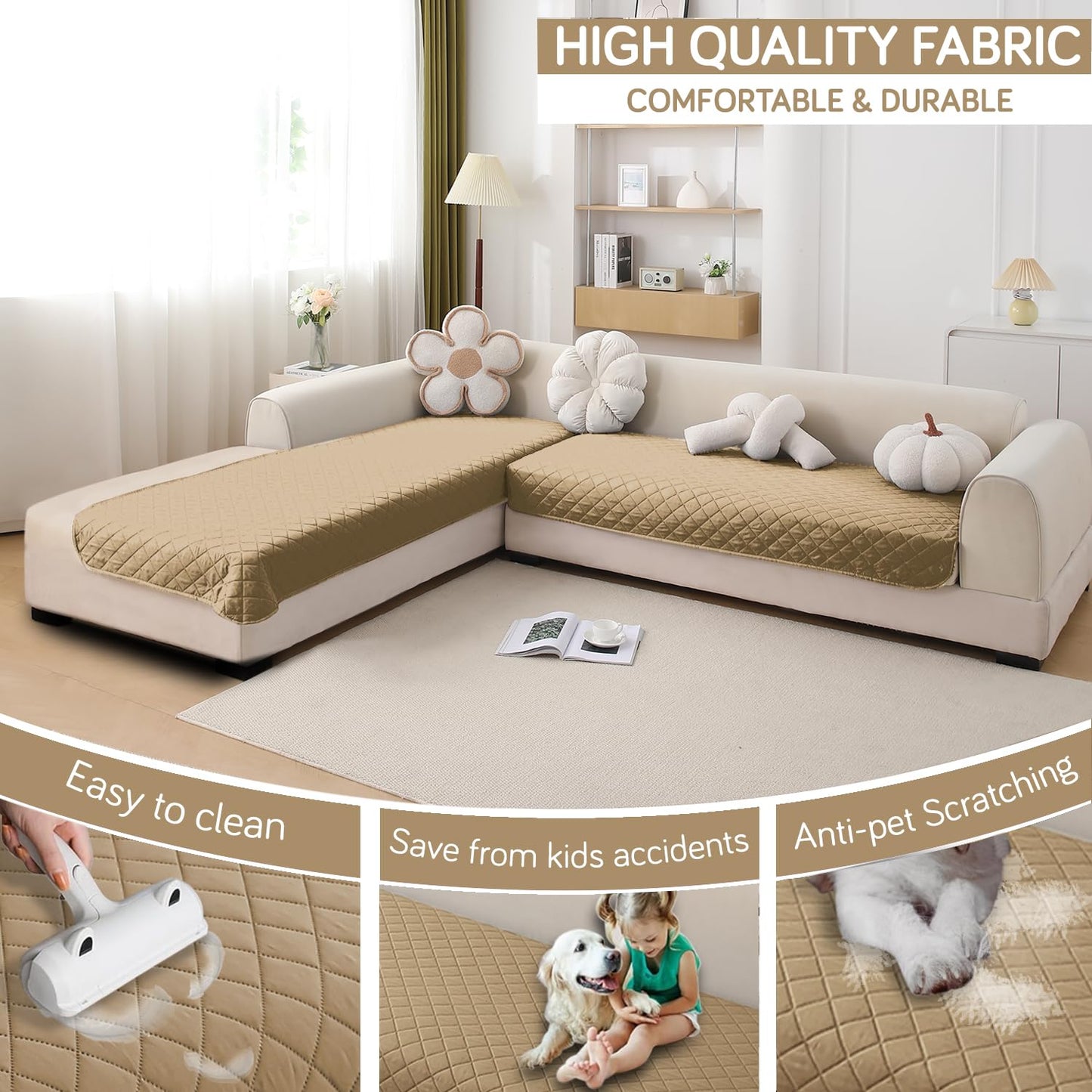 HOKIPO Waterproof Quilted Quick Dry L Shape Sofa Seat Cover Mat, Camel