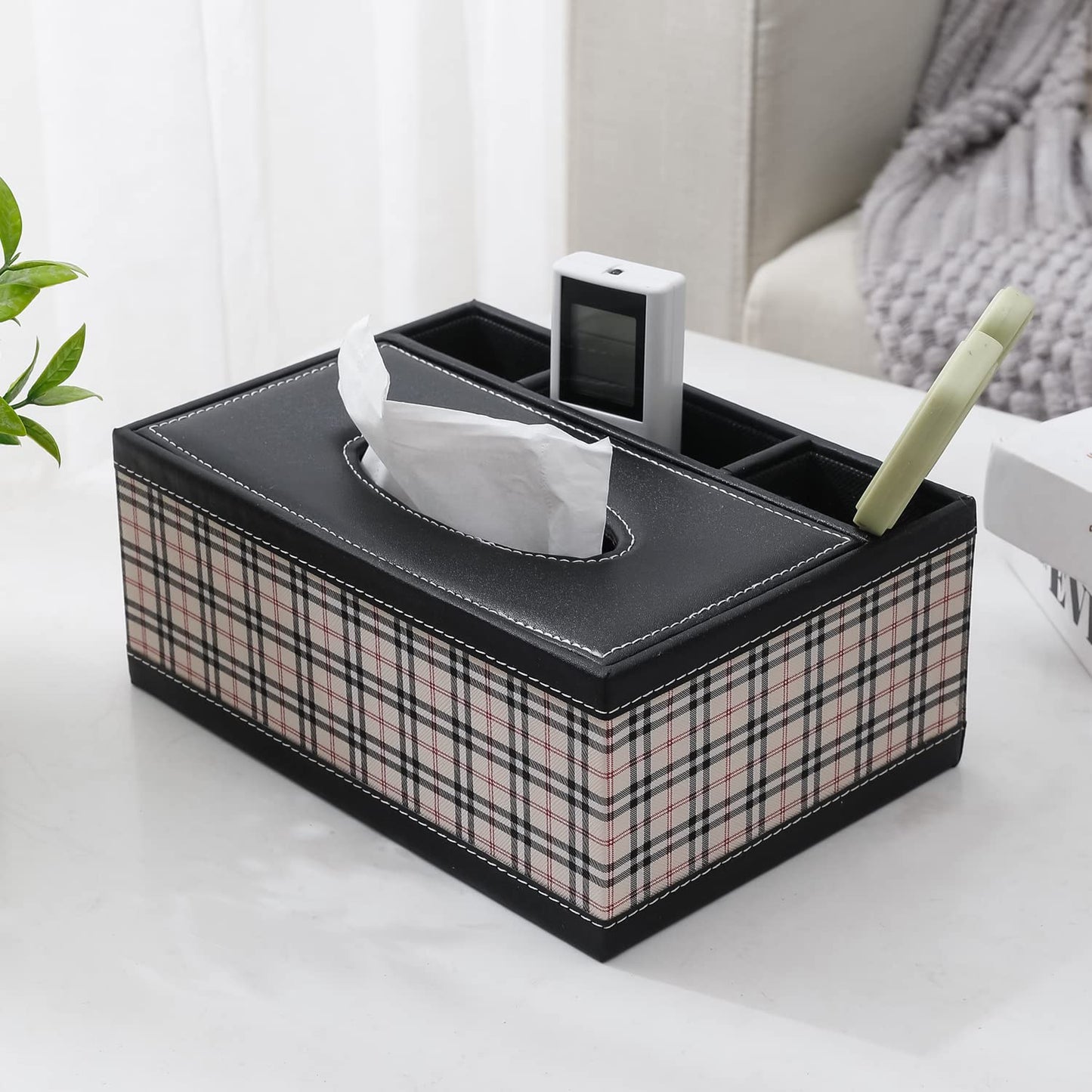 Faux Leather Tissue Storage Box with Compartment Remote Control Holder Desk Organizer