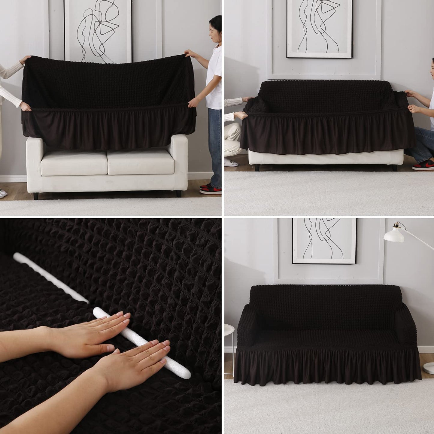 How to put Dark Chocolate stretchable Turkish Bubble frill sofa cover guide