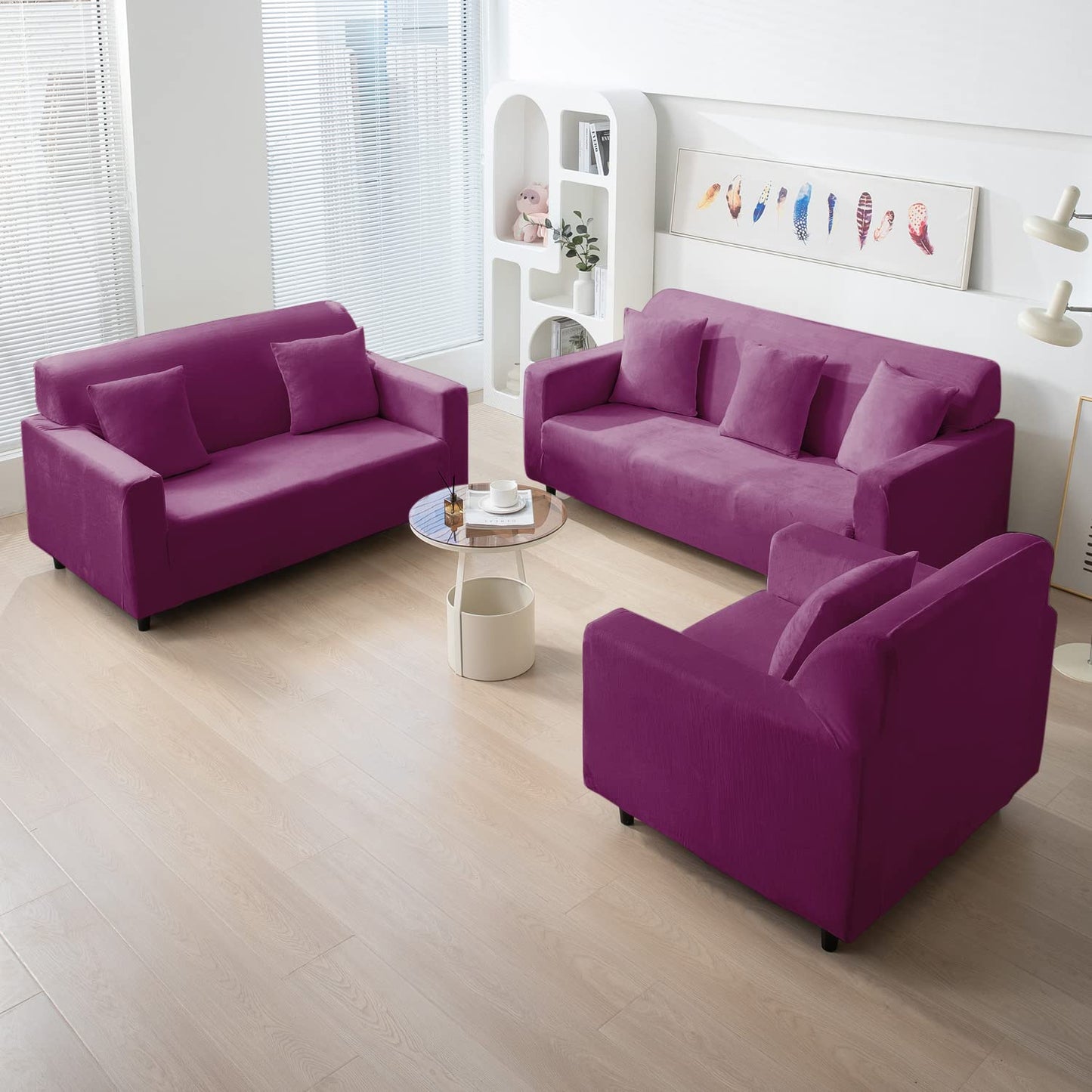 Purple elastic stretchable velvet sofa cover set available for 1, 2, 3, 4, 5, 6 & 7 seater sofas