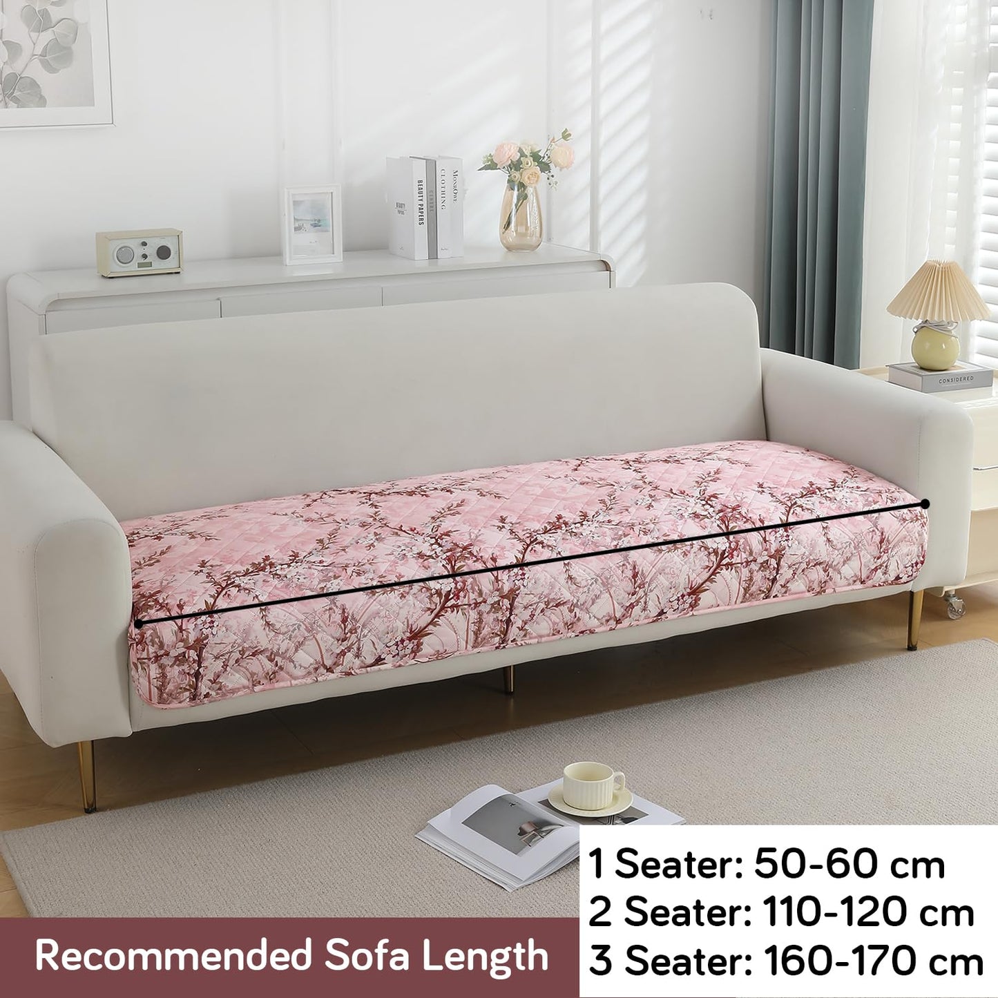 Quilted 1/2/3 Seater Waterproof and Anti-Slip Sofa Cover Mat, Blossom Flower Pink